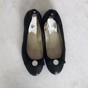 Michael Kors black ballet flats / shoes with bows, silver MK logo, leather